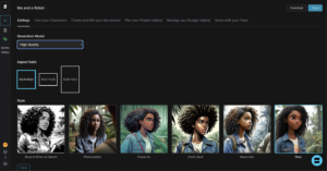 Shai storyboard settings interface showing tone, style, duration, and format options
