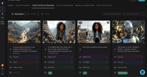 AI-generated storyboard view in Shai with multiple visual scenes from a script