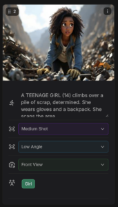 Single AI-generated storyboard frame in Shai with shot info and metadata